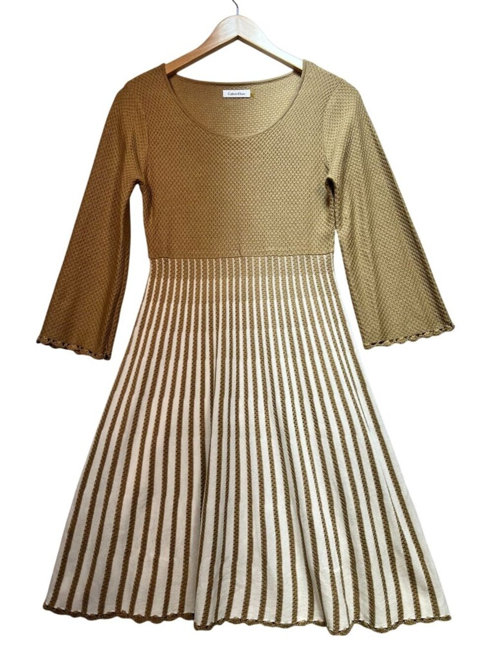 Vintage Calvin Klein Womens Fit & Flare Sweater Dress Small Tan Striped Midi